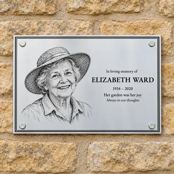 Personalised polished stainless steel plaque 210 × 148 mm, shown with example wording