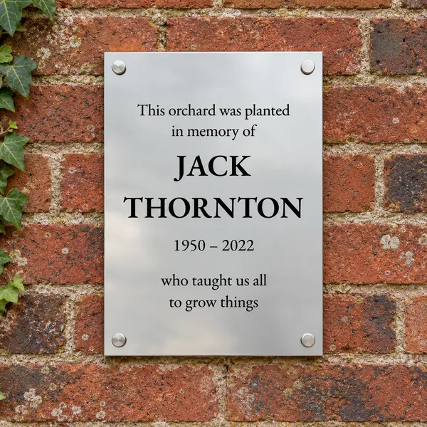 Personalised polished stainless steel plaque 210 × 297 mm, shown with example wording