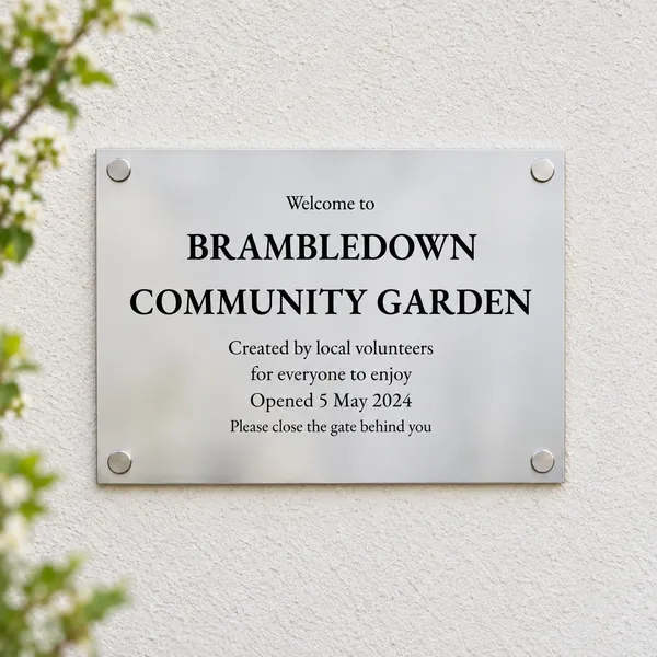 Personalised polished stainless steel plaque 400 × 300 mm, shown with example wording