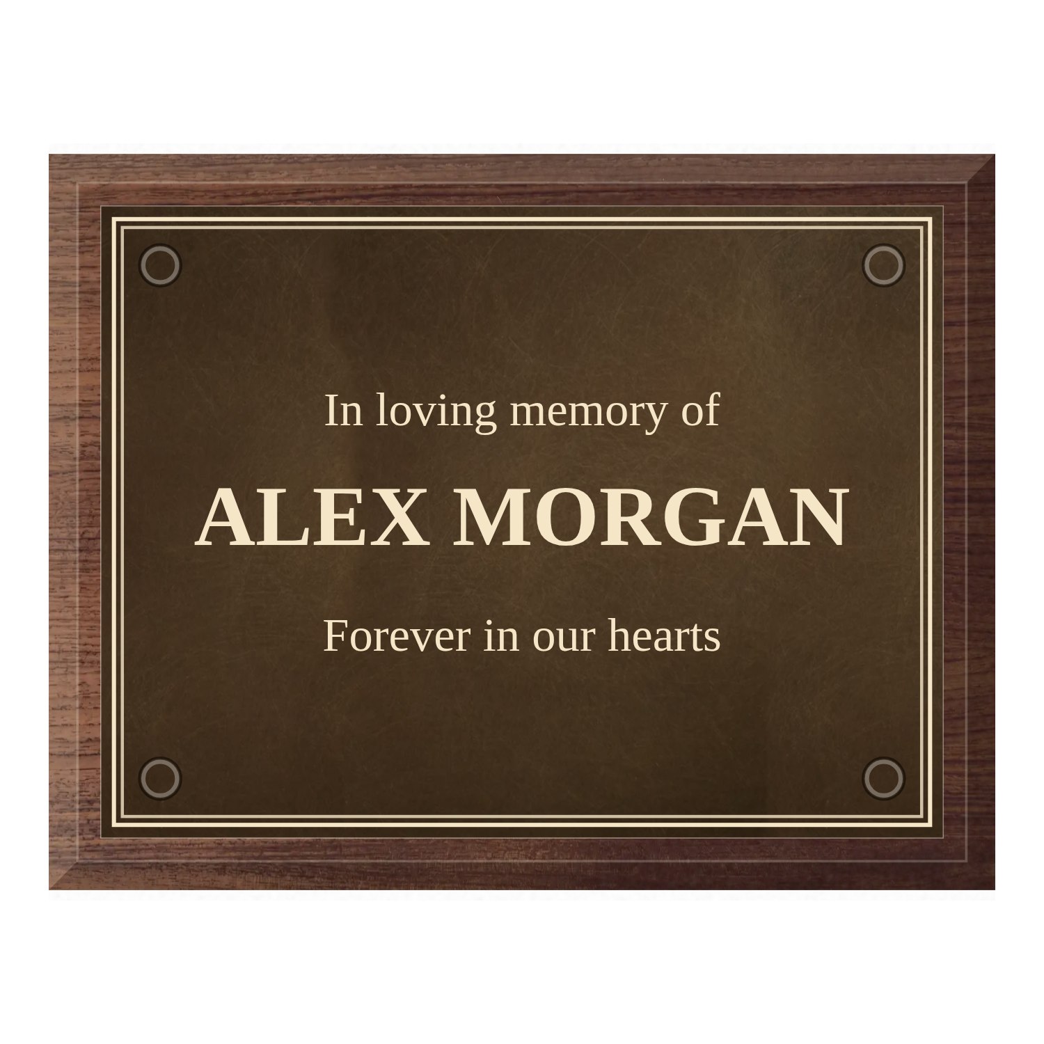 Personalised aged brass plaque 200 × 150 mm with dark wood backing design example