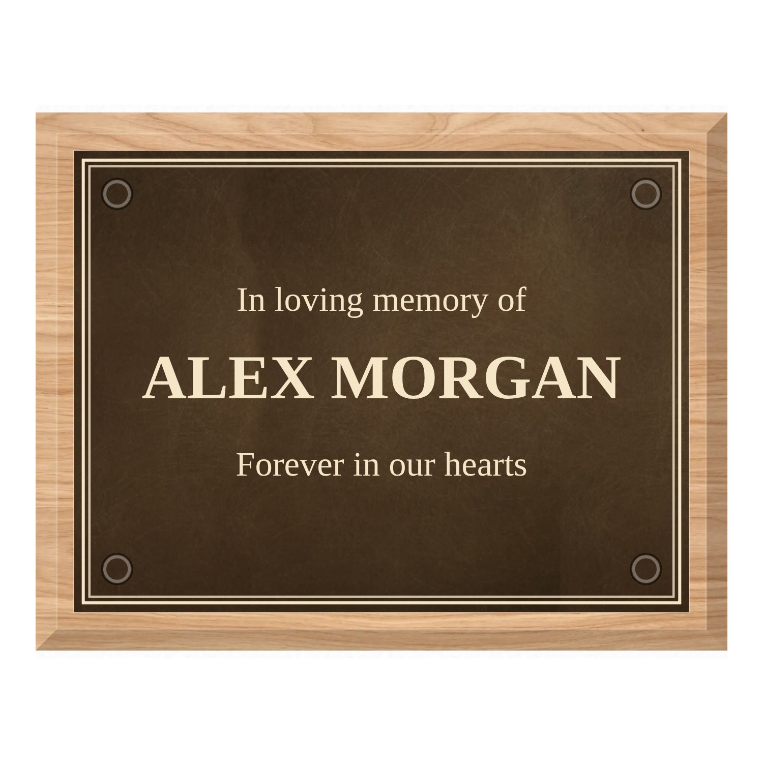 Personalised aged brass plaque 200 × 150 mm with light wood backing design example