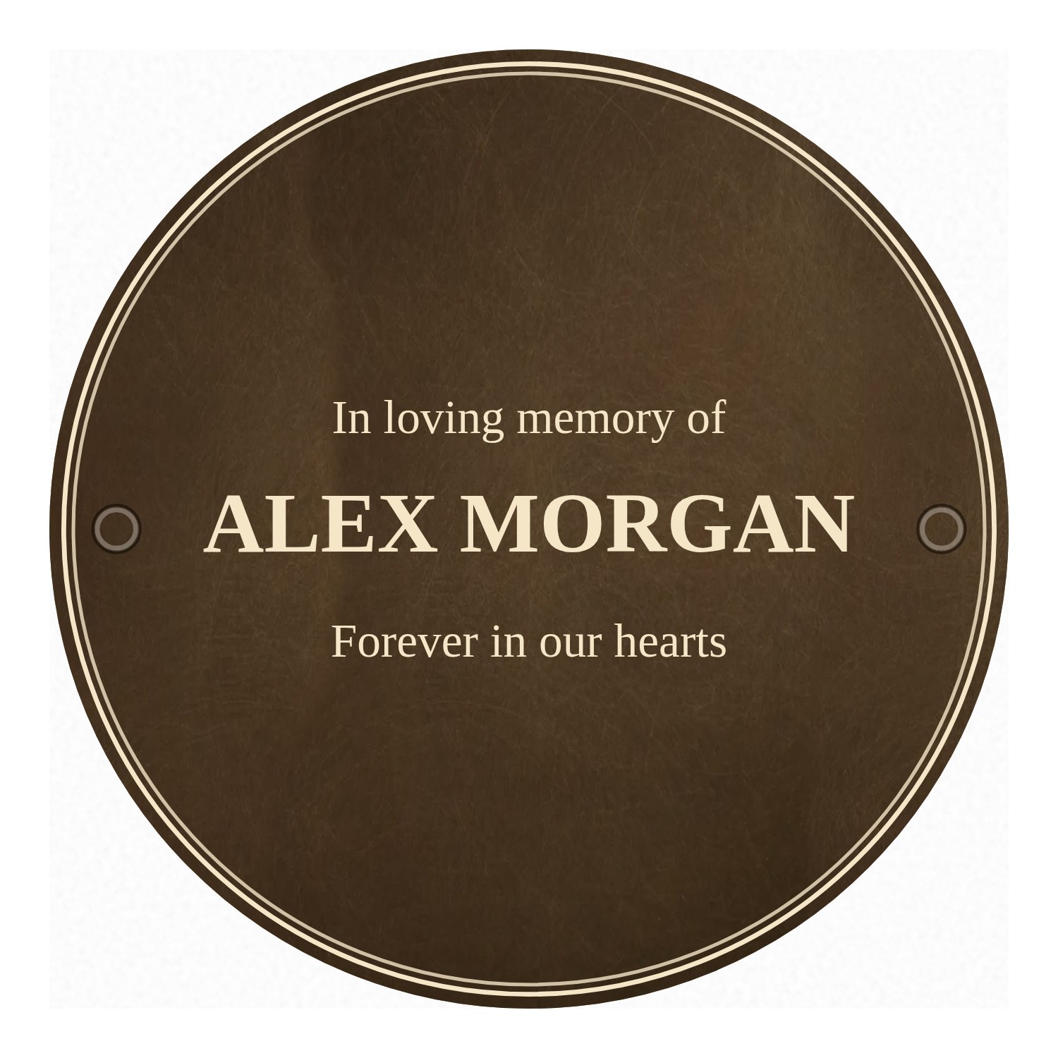 Personalised aged brass circular plaque 200 × 200 mm design example