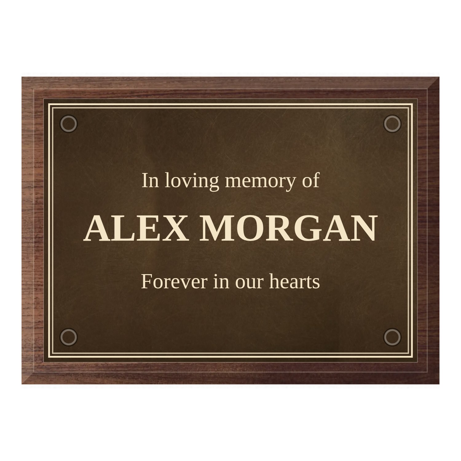 Personalised aged brass plaque 210 × 148 mm with dark wood backing design example