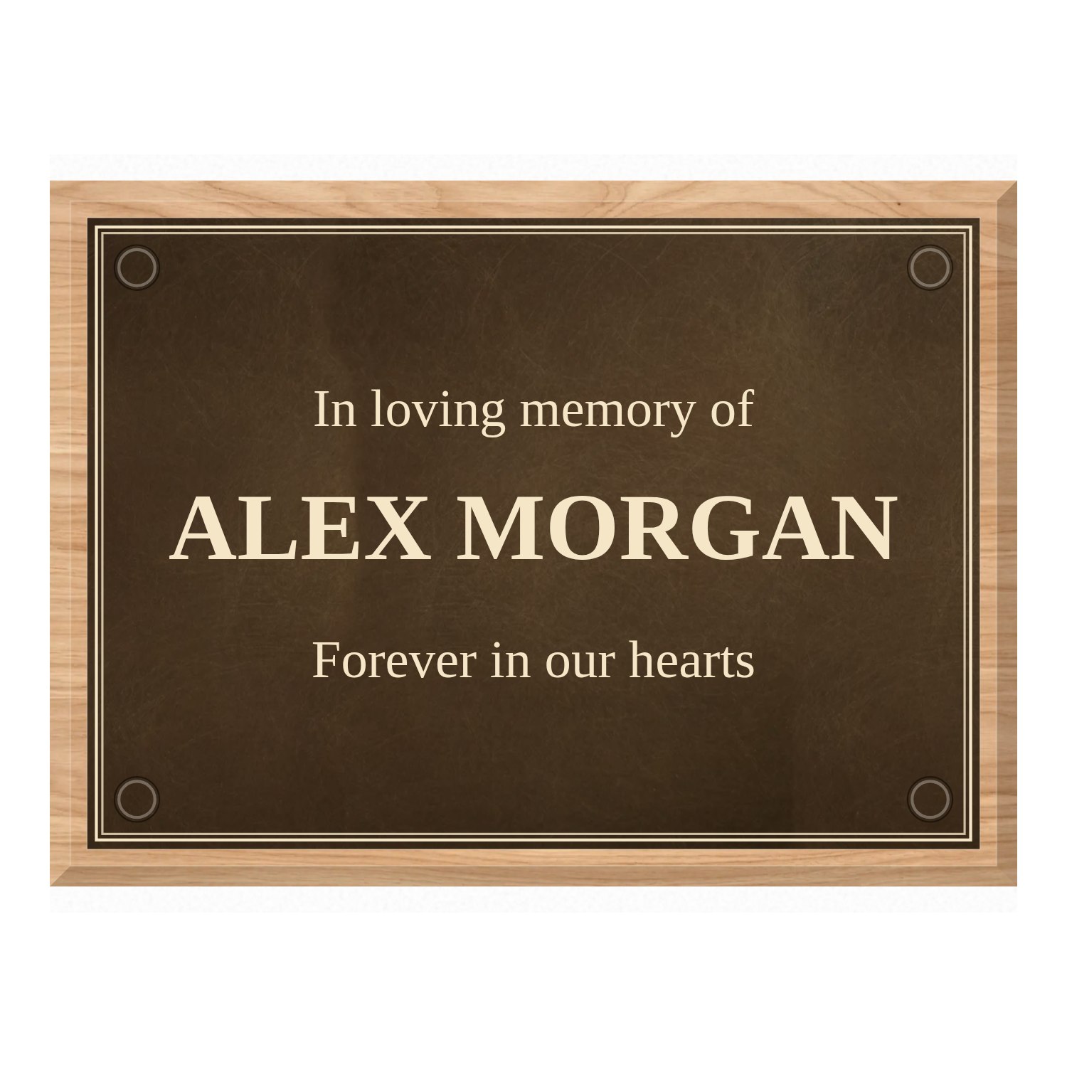 Personalised aged brass plaque 297 × 210 mm with light wood backing design example