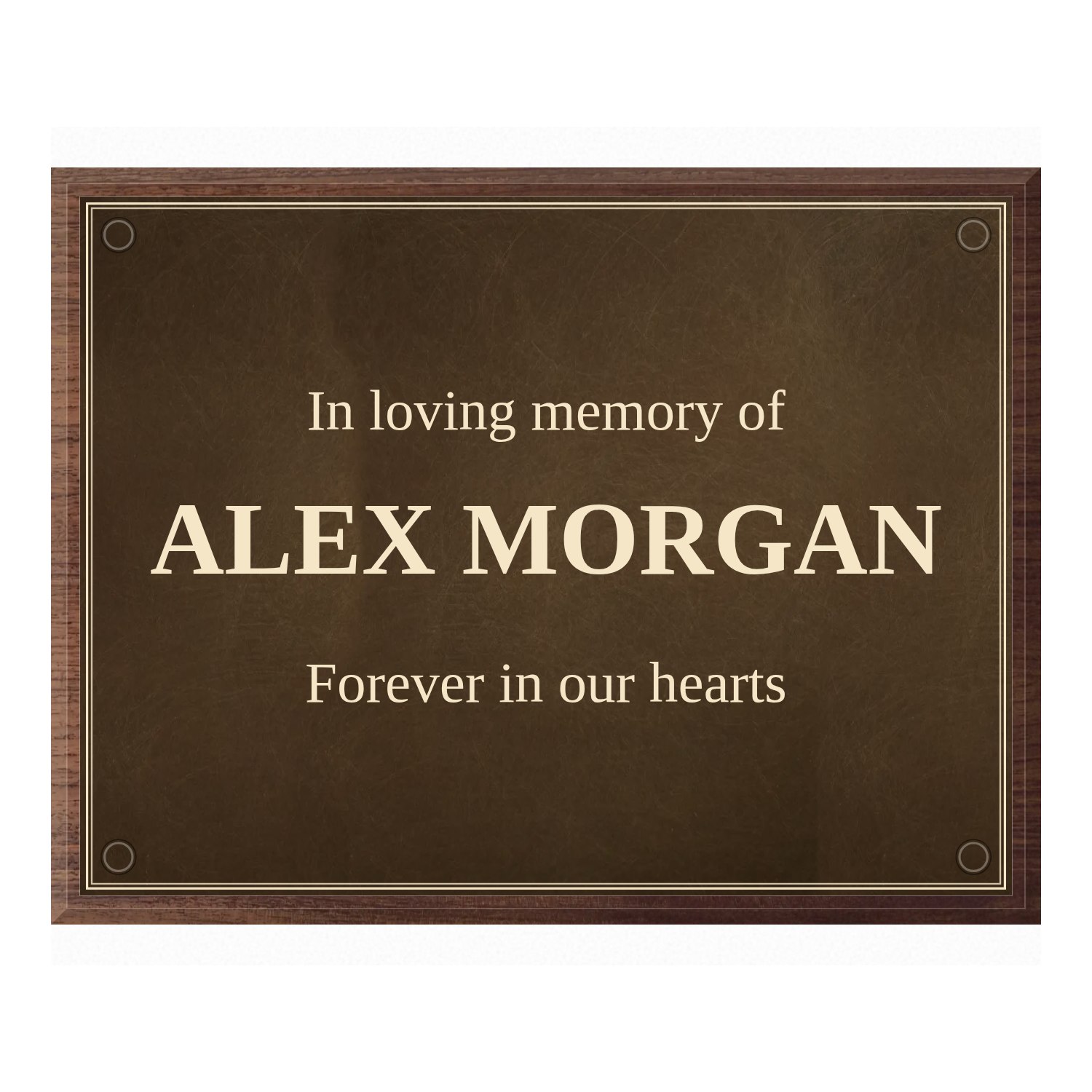 Personalised aged brass plaque 400 × 300 mm with dark wood backing design example
