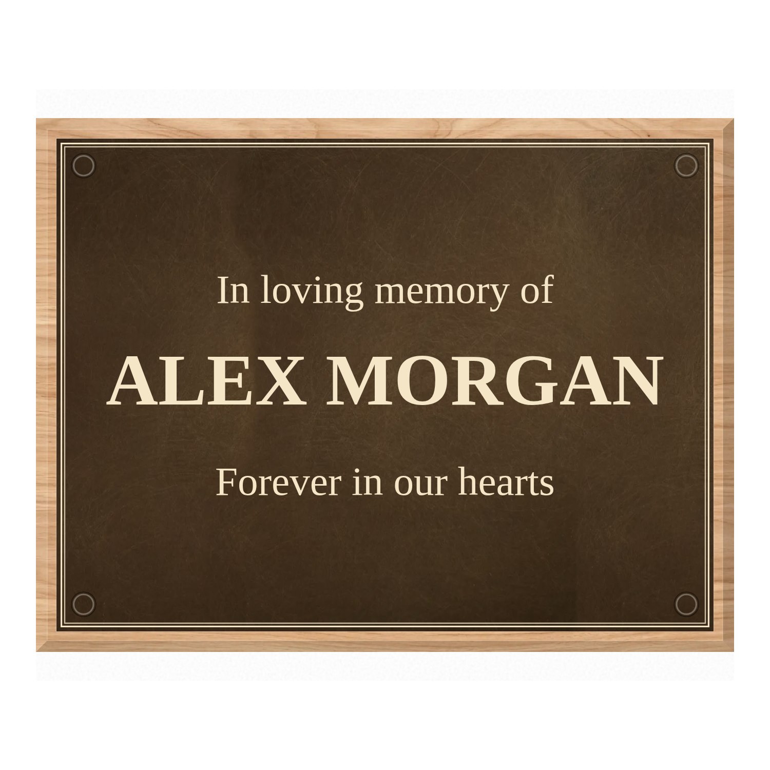 Personalised aged brass plaque 400 × 300 mm with light wood backing design example