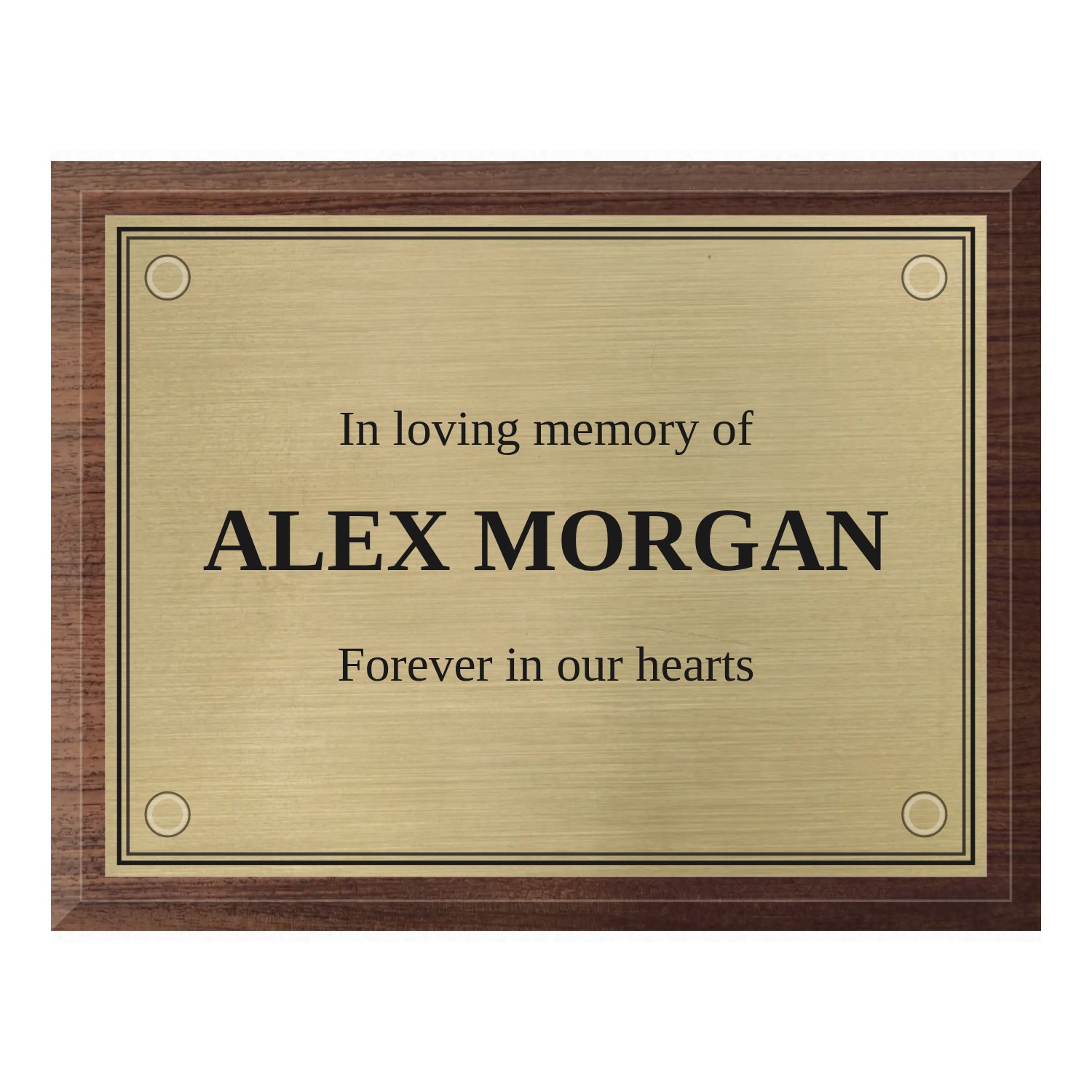 Personalised brushed brass plaque 200 × 150 mm with dark wood backing design example