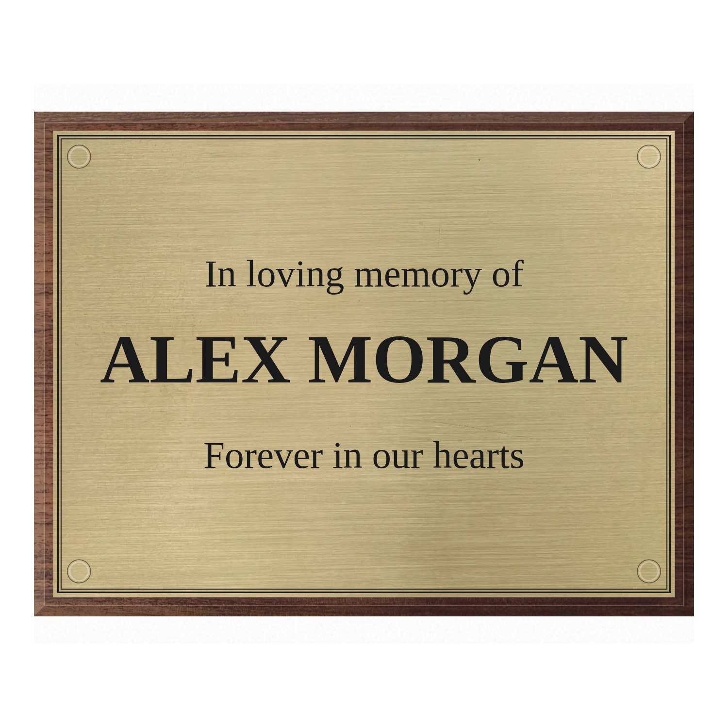 Personalised brushed brass plaque 400 × 300 mm with dark wood backing design example