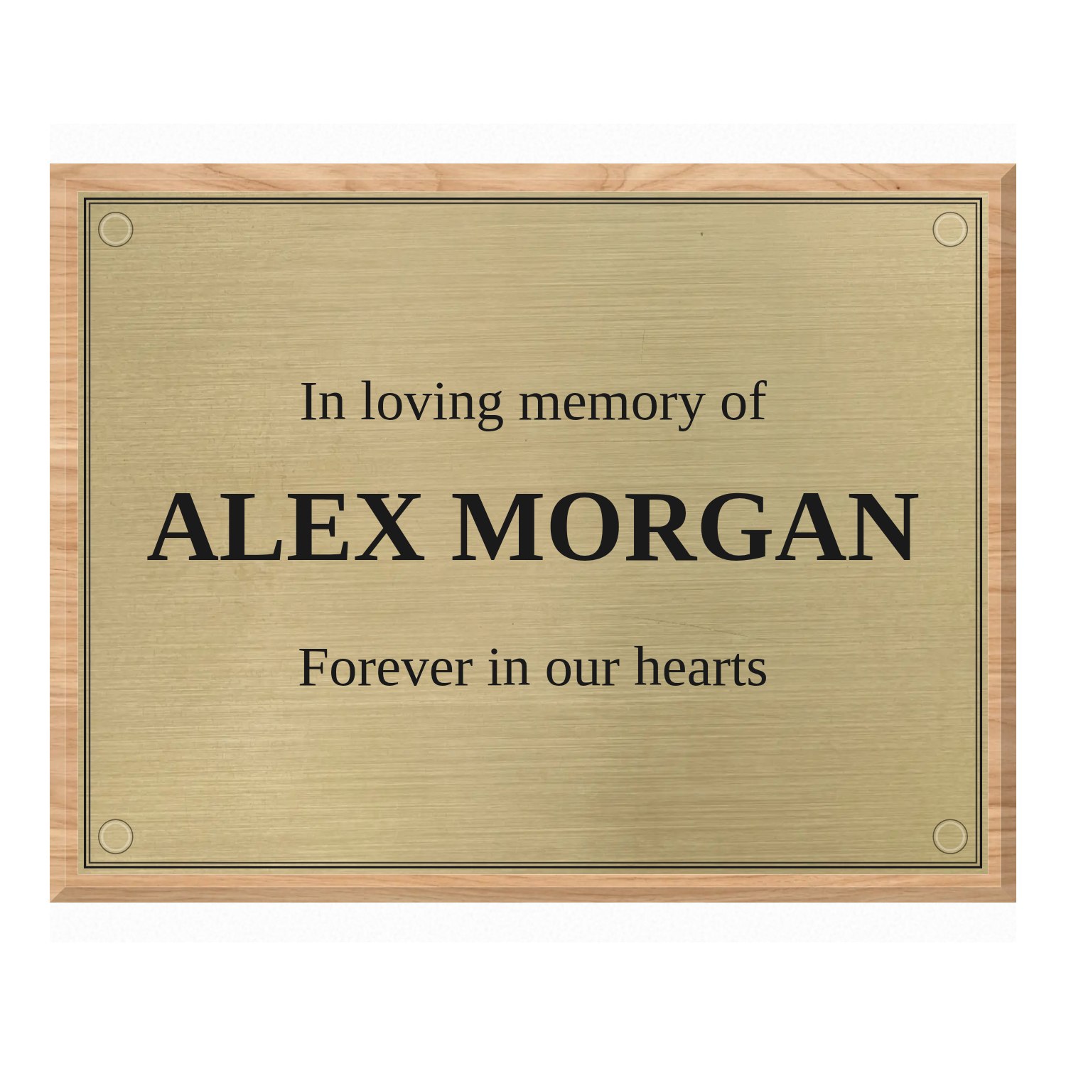 Personalised brushed brass plaque 400 × 300 mm with light wood backing design example