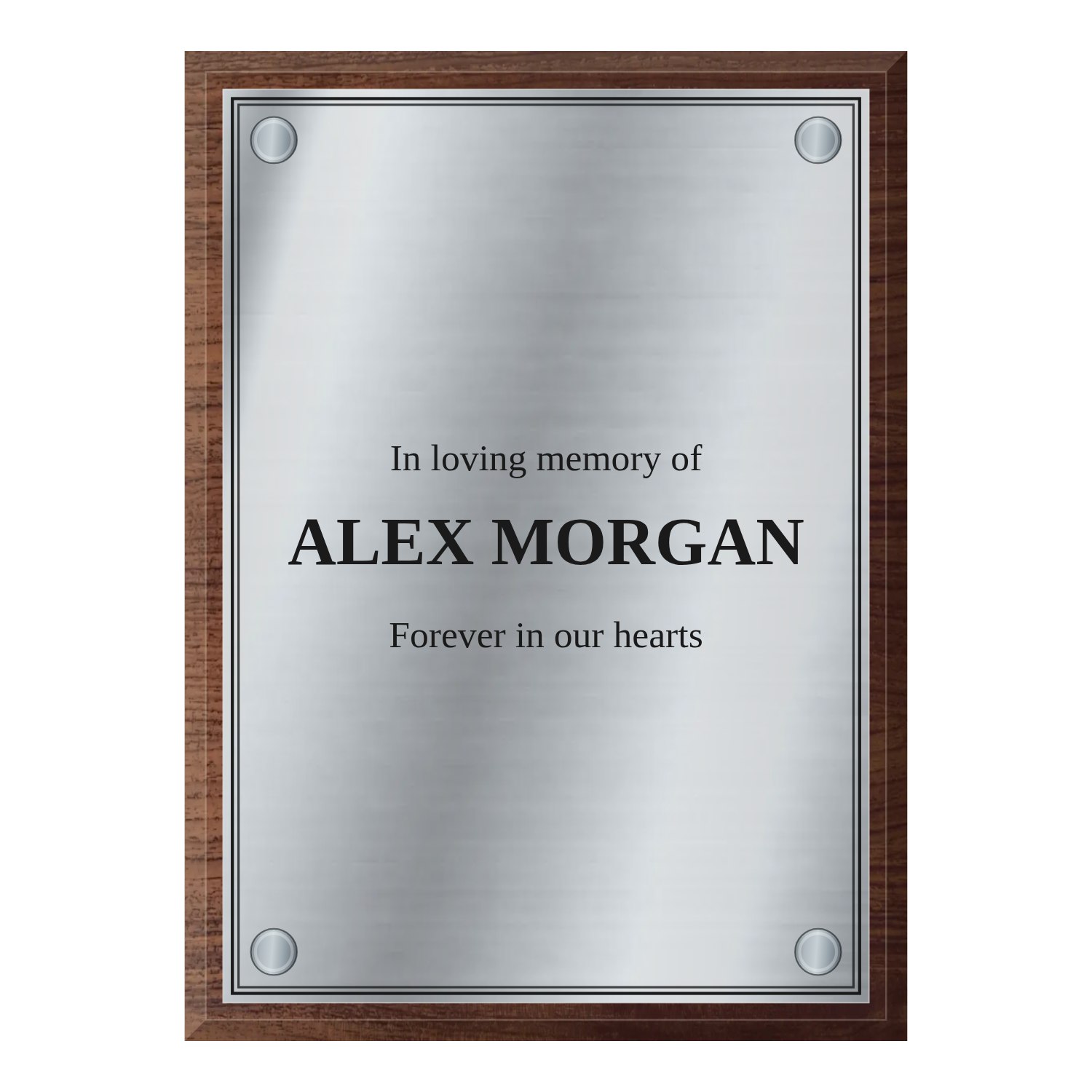 Personalised brushed stainless steel plaque 210 × 297 mm with dark wood backing design example