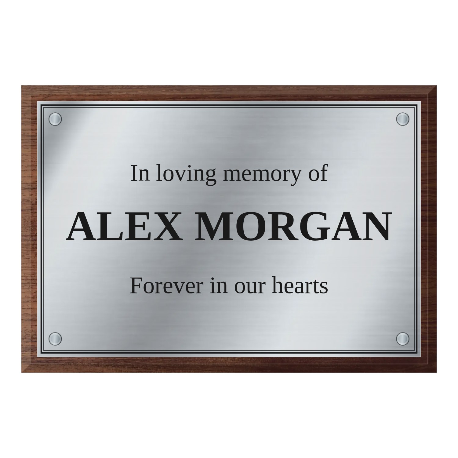 Personalised brushed stainless steel plaque 300 × 200 mm with dark wood backing design example