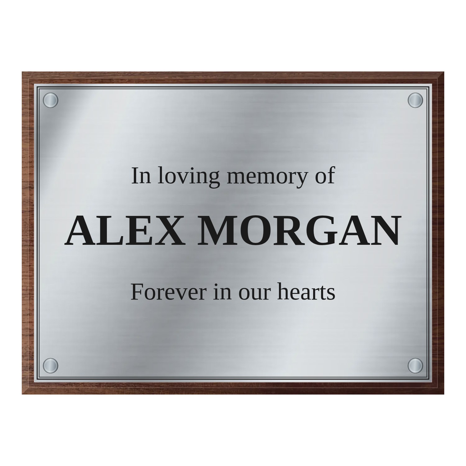 Personalised brushed stainless steel plaque 400 × 300 mm with dark wood backing design example