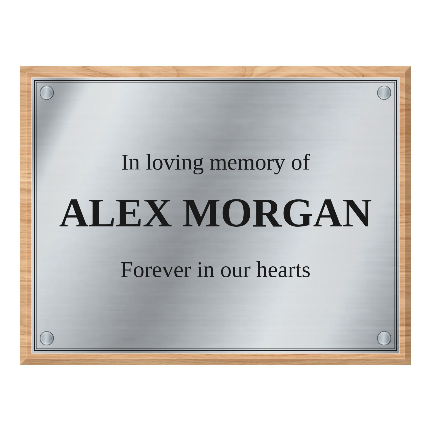 Personalised brushed stainless steel plaque 400 × 300 mm with light wood backing design example