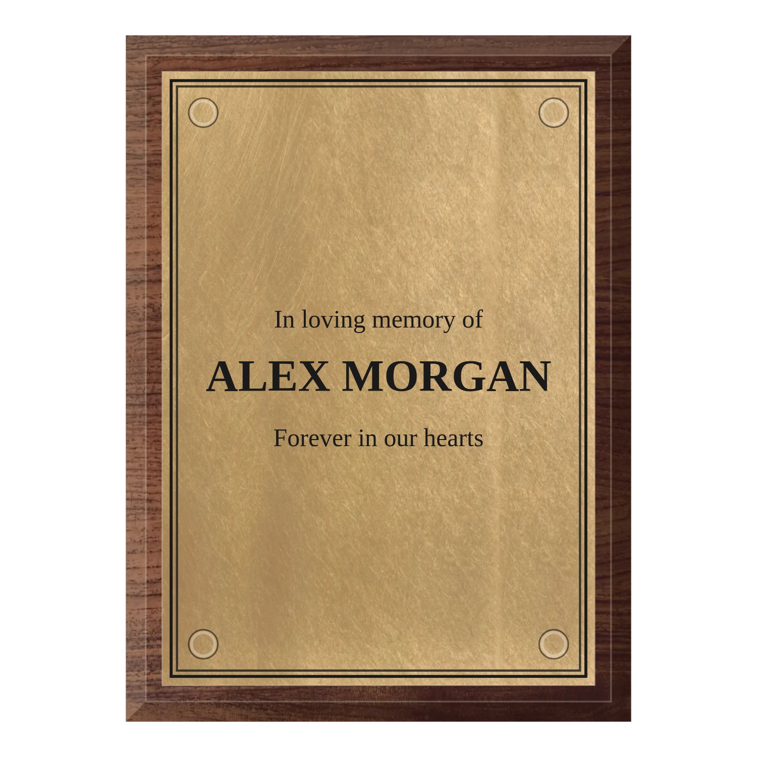 Personalised orbital brass plaque 148 × 210 mm with dark wood backing design example
