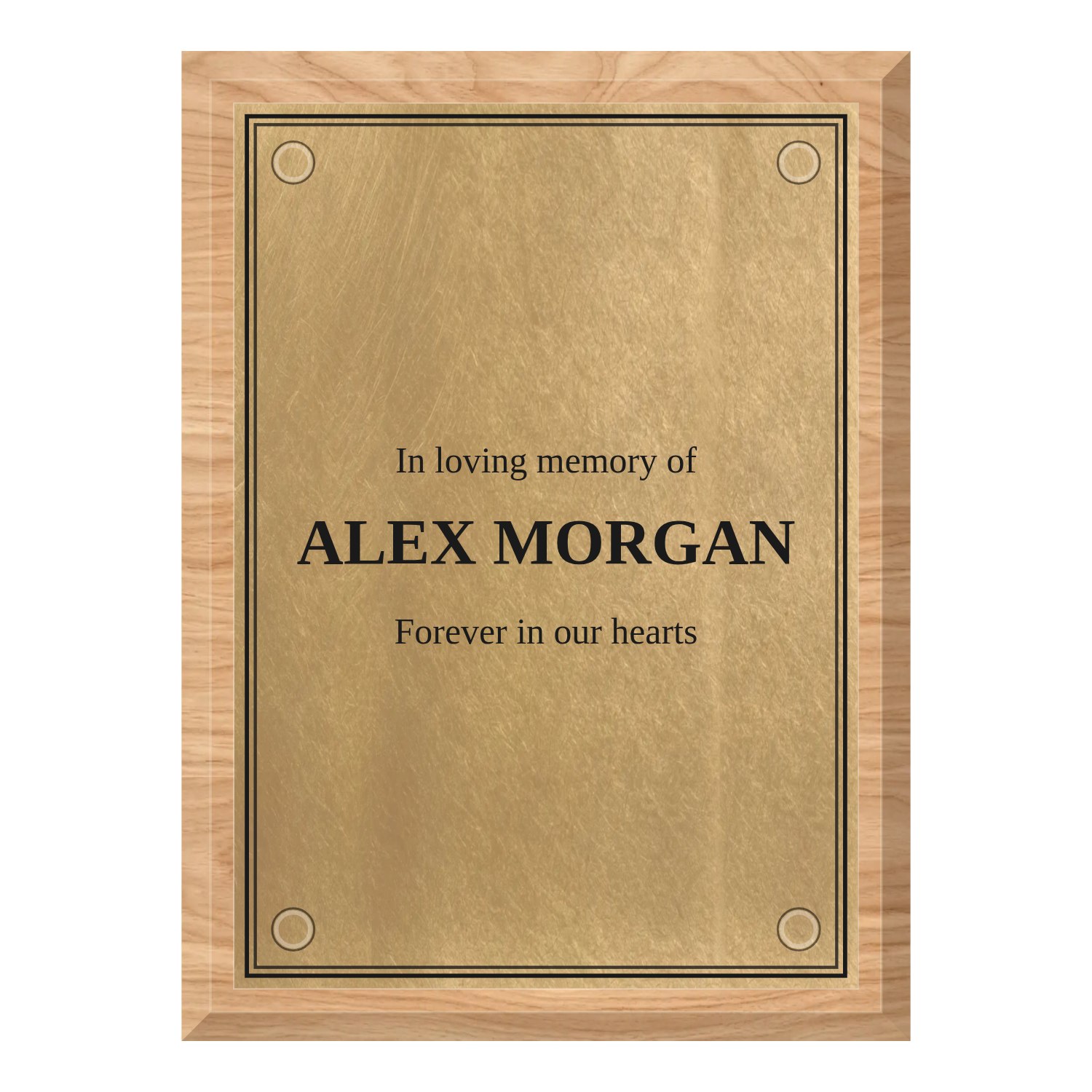 Personalised orbital brass plaque 148 × 210 mm with light wood backing design example
