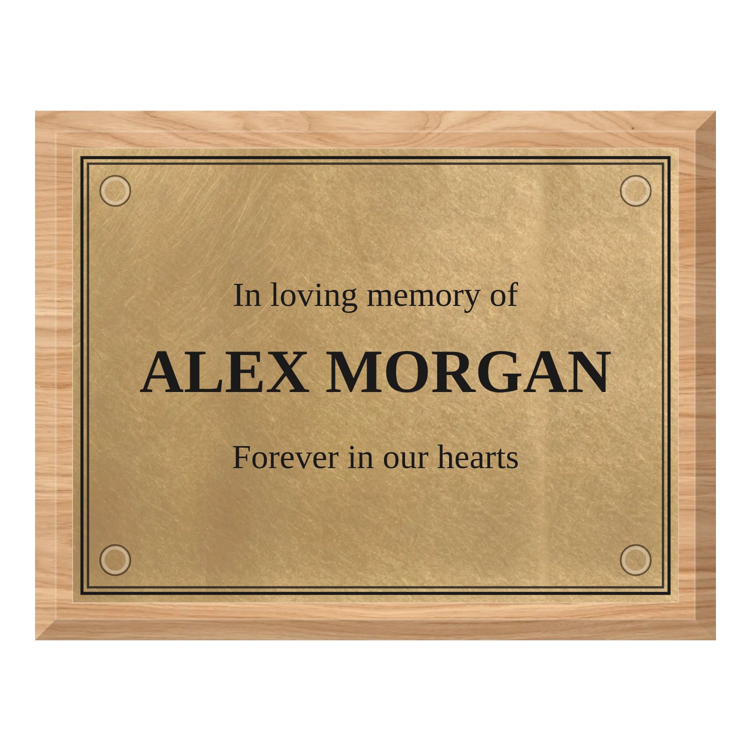 Personalised orbital brass plaque 200 × 150 mm with light wood backing design example