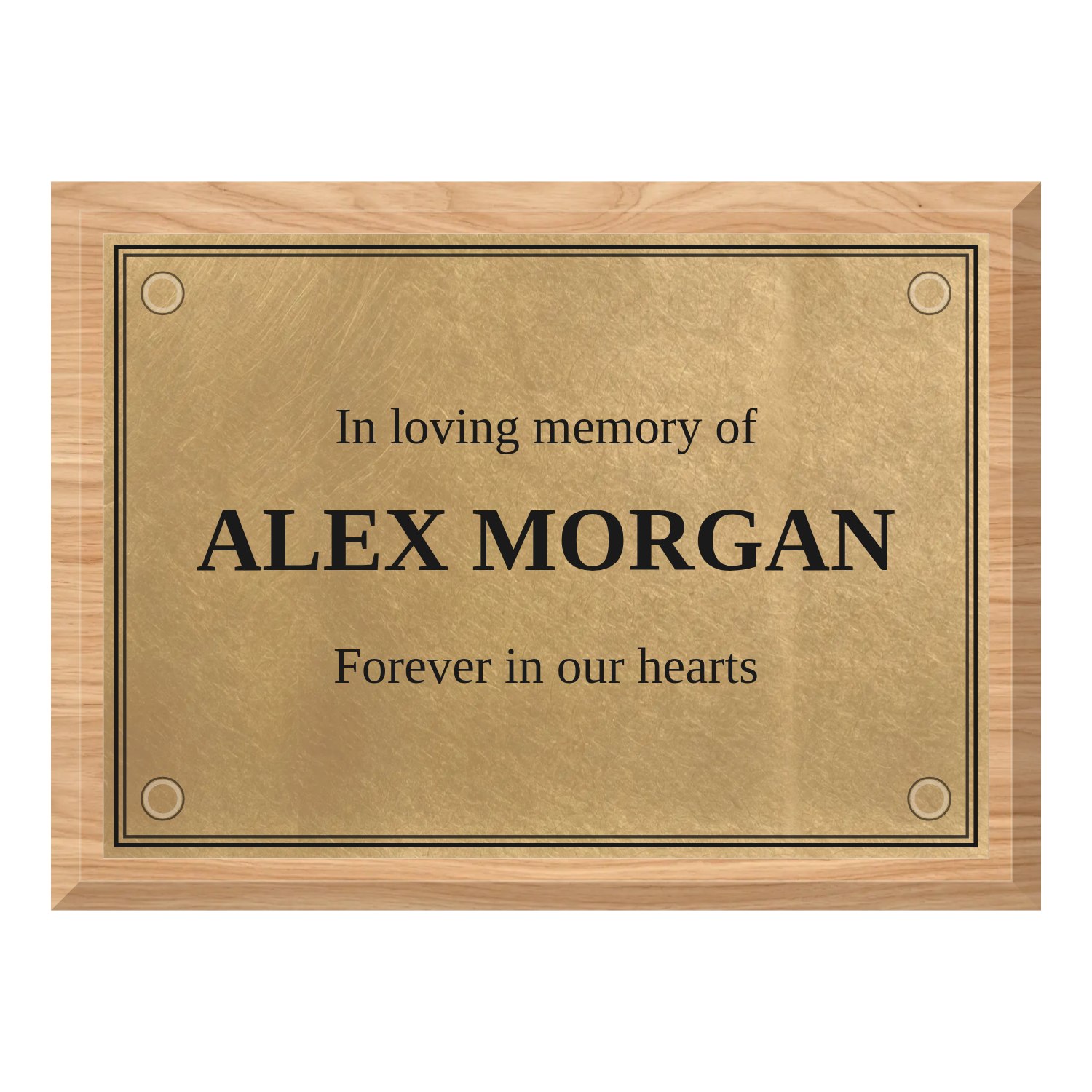 Personalised orbital brass plaque 210 × 148 mm with light wood backing design example