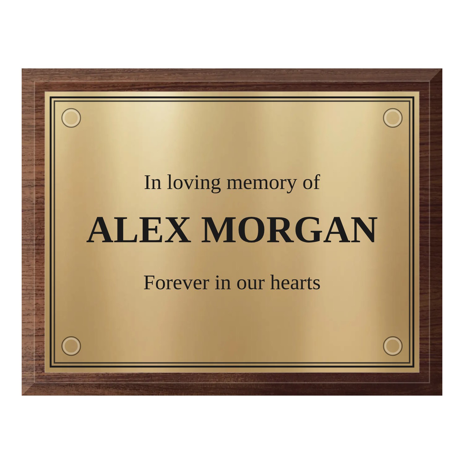 Personalised polished brass plaque 200 × 150 mm with dark wood backing design example