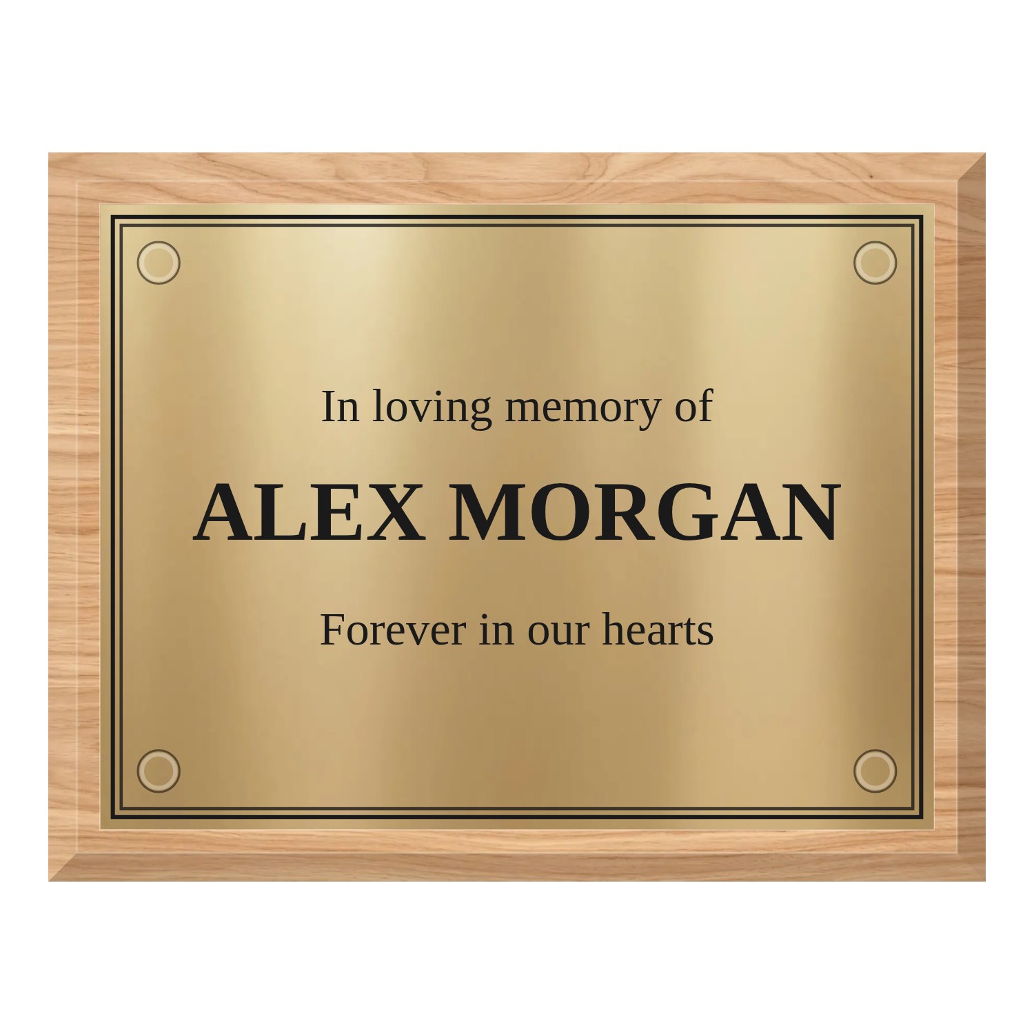 Personalised polished brass plaque 200 × 150 mm with light wood backing design example