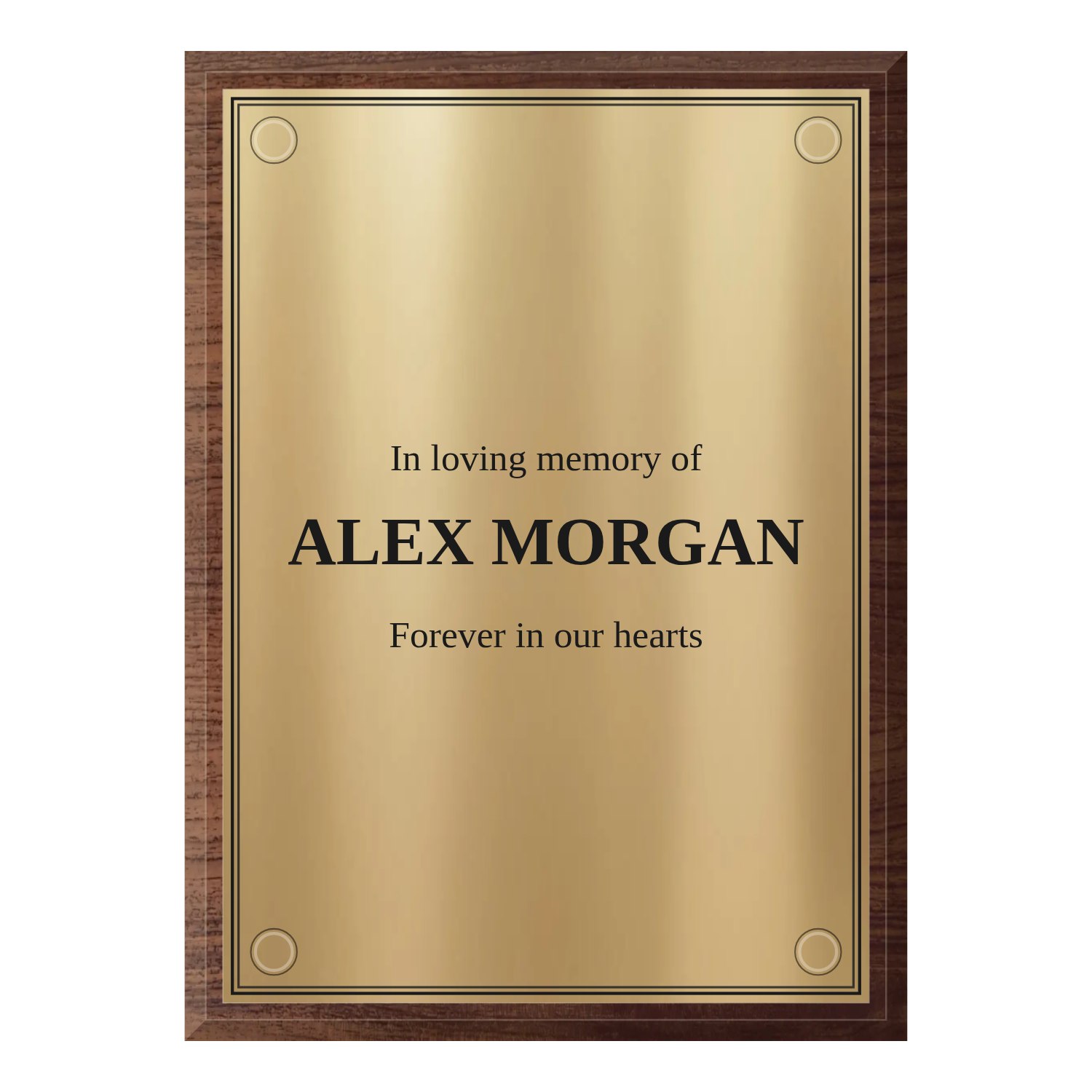 Personalised polished brass plaque 210 × 297 mm with dark wood backing design example