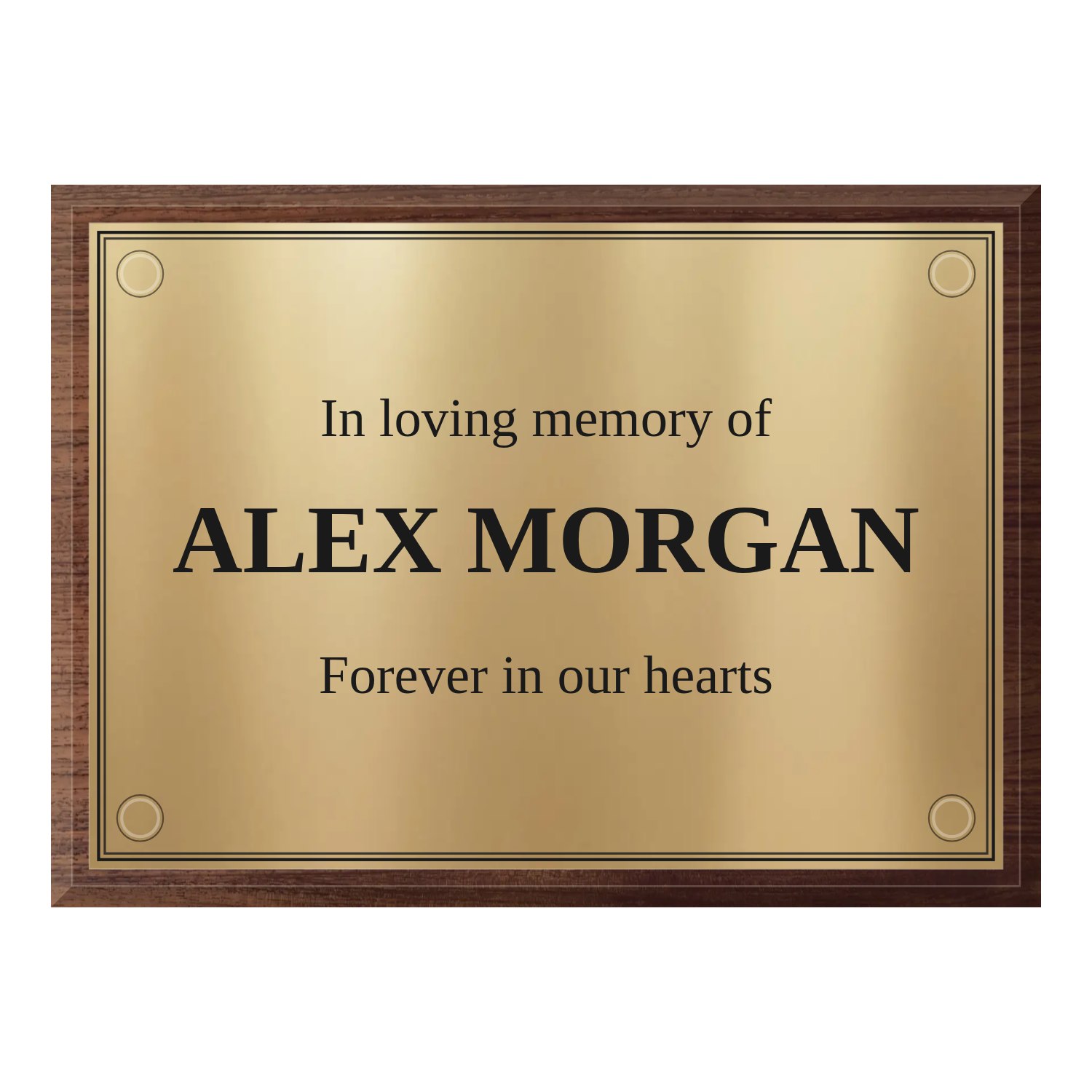 Personalised polished brass plaque 297 × 210 mm with dark wood backing design example