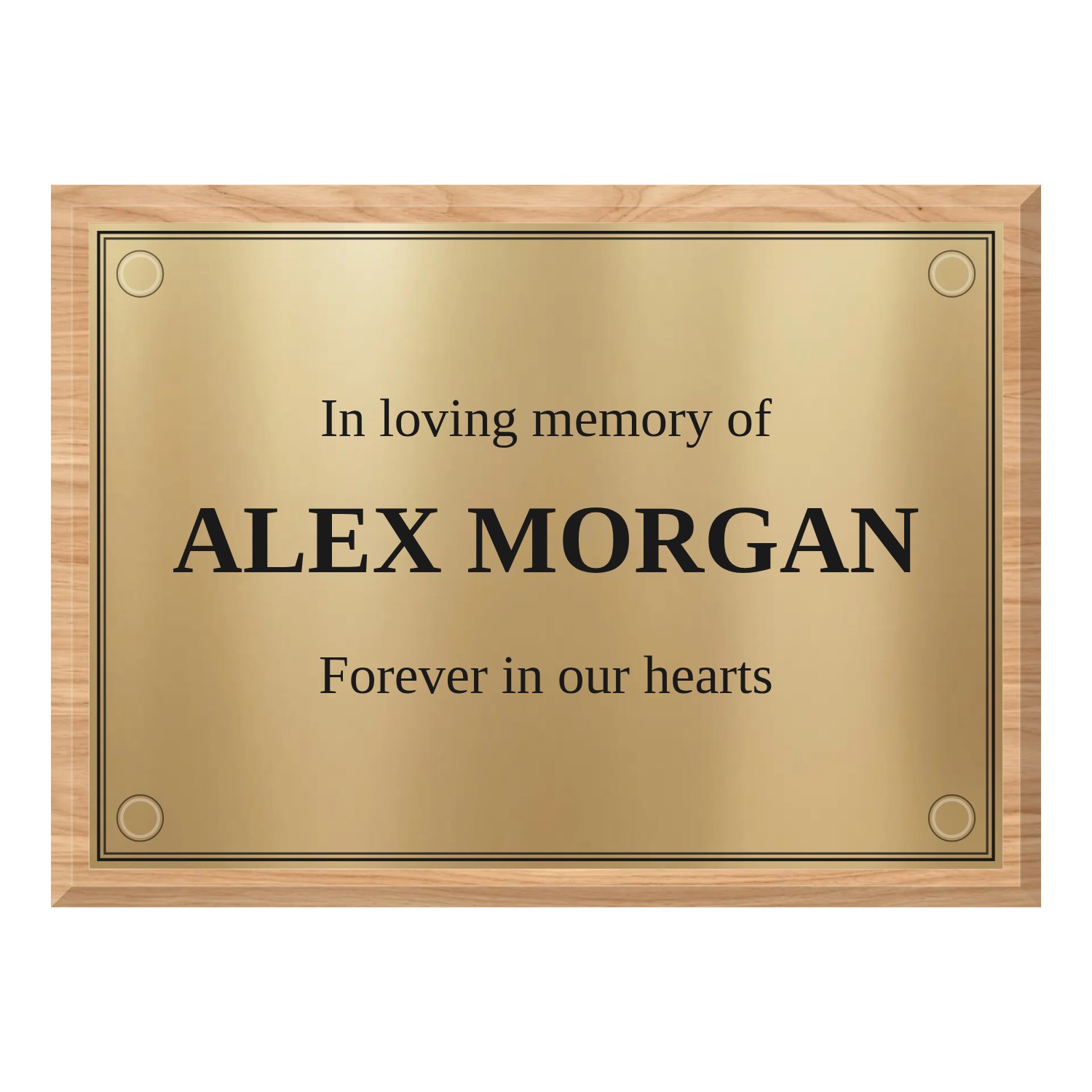 Personalised polished brass plaque 297 × 210 mm with light wood backing design example