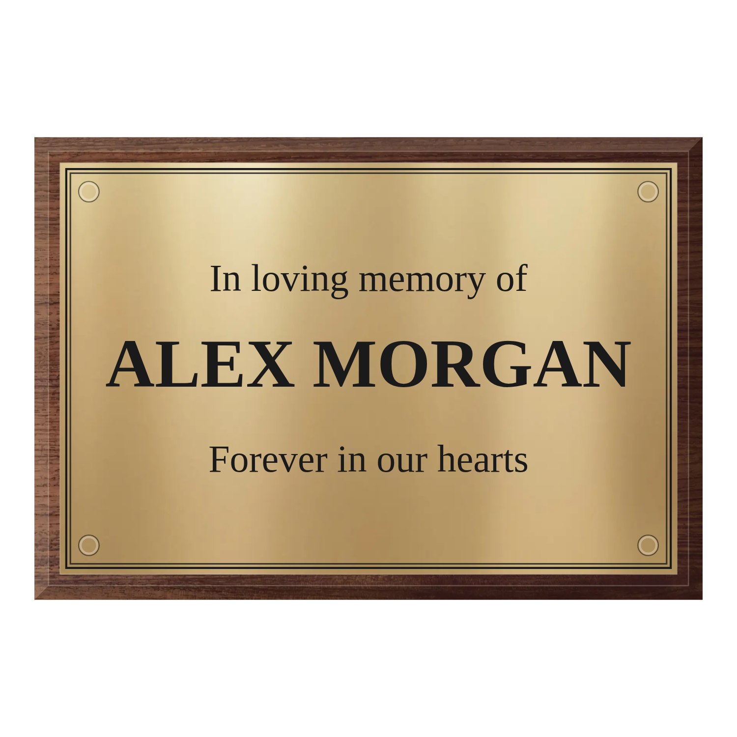 Personalised polished brass plaque 300 × 200 mm with dark wood backing design example