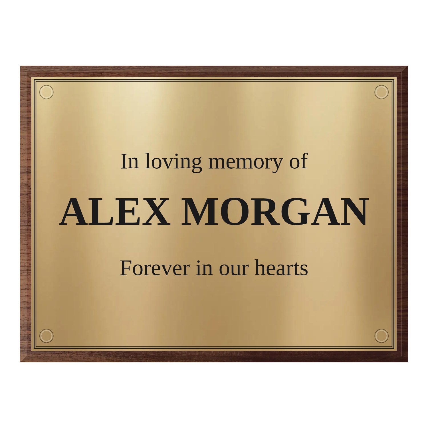 Personalised polished brass plaque 400 × 300 mm with dark wood backing design example