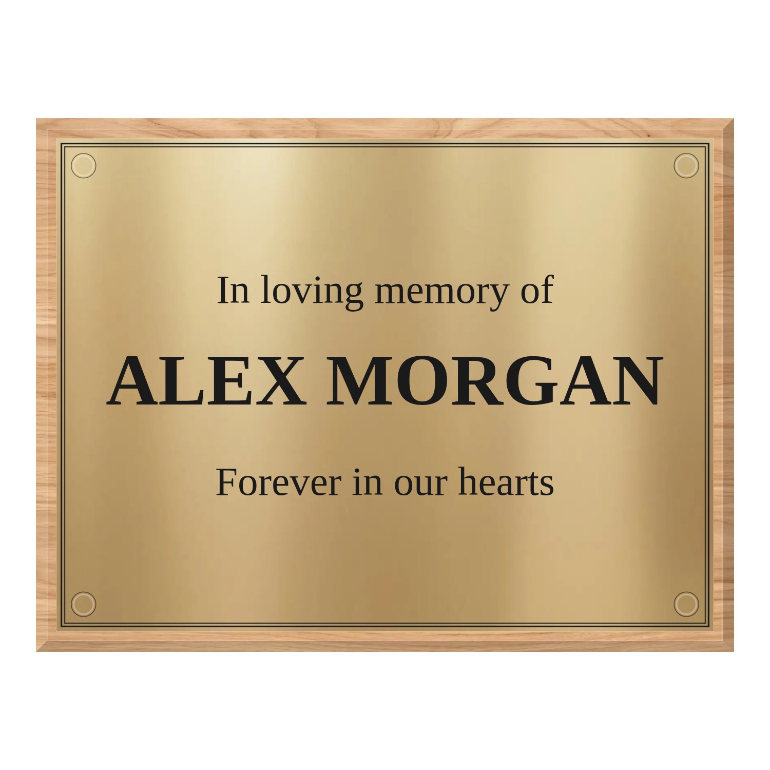 Personalised polished brass plaque 400 × 300 mm with light wood backing design example