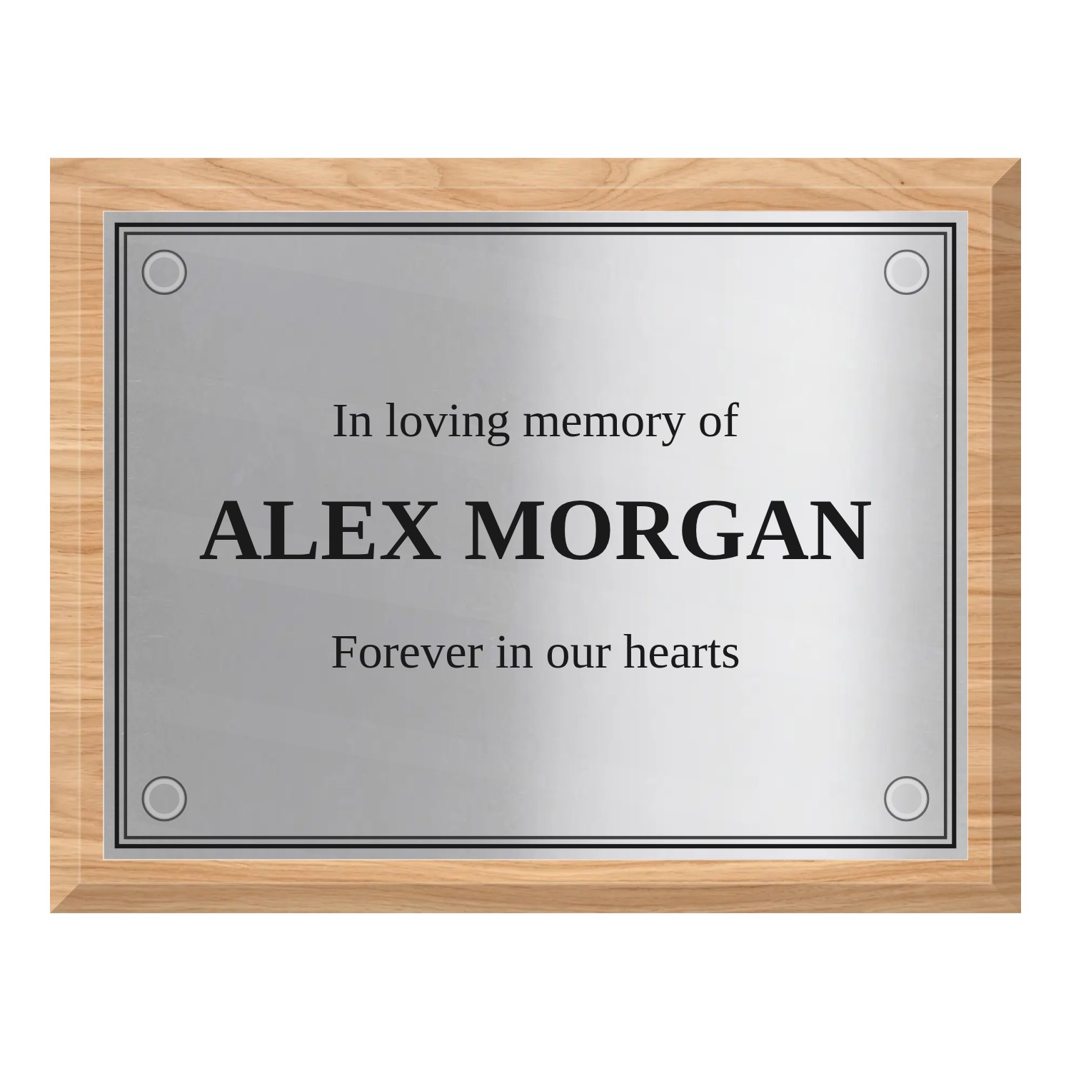Personalised polished stainless steel plaque 200 × 150 mm with light wood backing design example