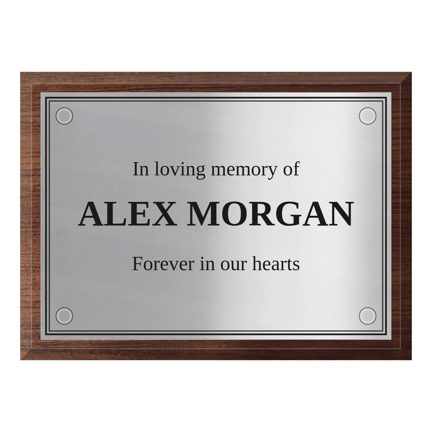 Personalised polished stainless steel plaque 210 × 148 mm with dark wood backing design example