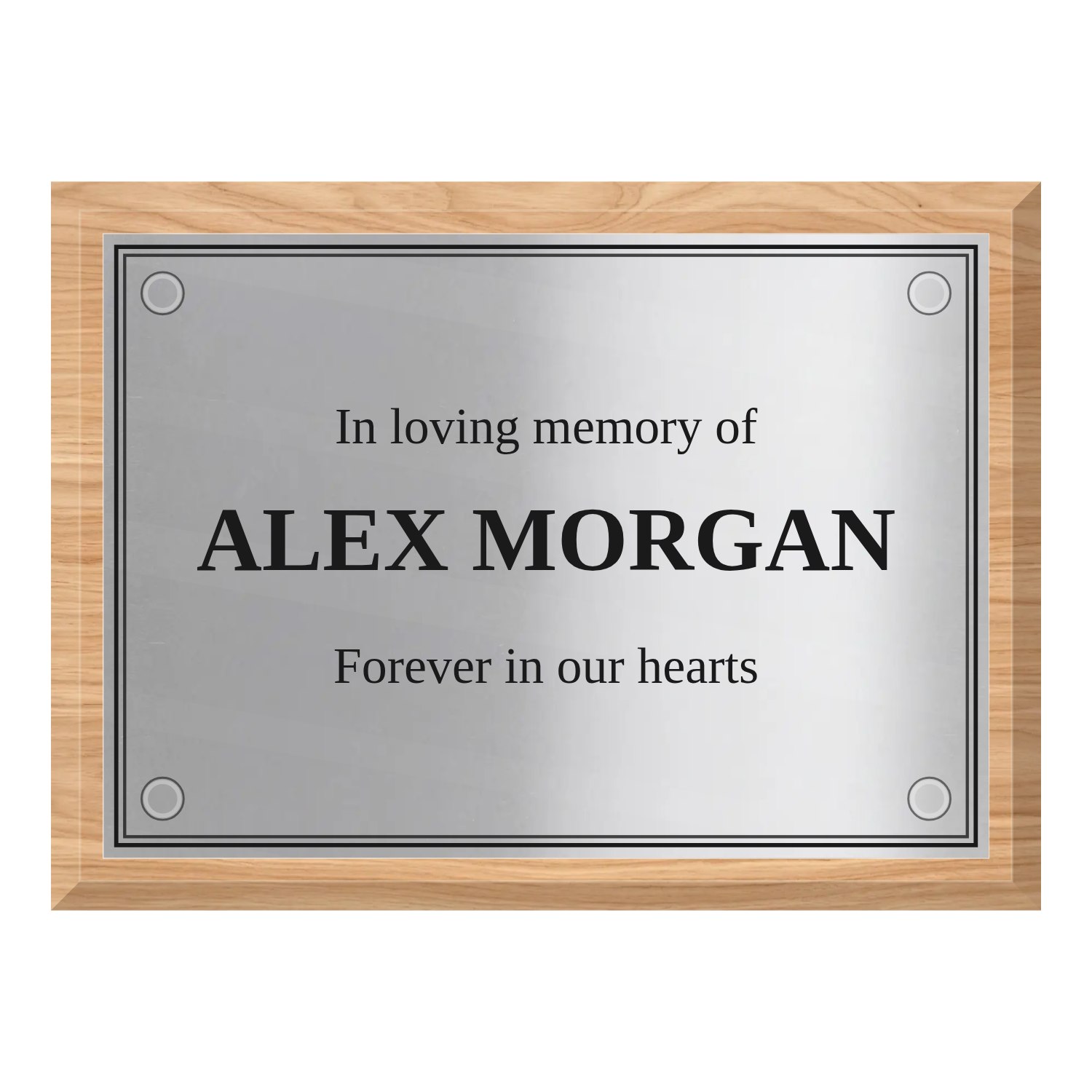 Personalised polished stainless steel plaque 210 × 148 mm with light wood backing design example