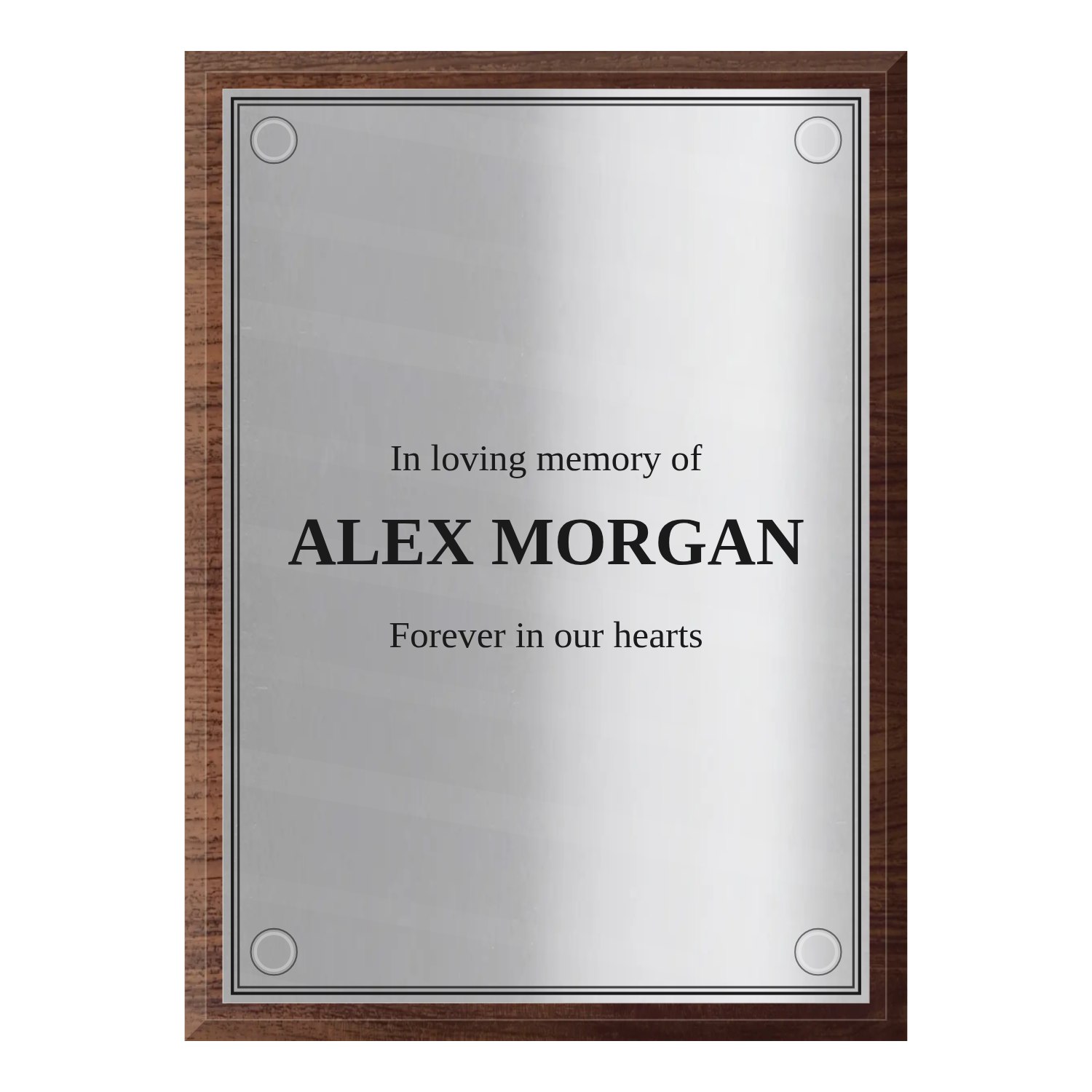 Personalised polished stainless steel plaque 210 × 297 mm with dark wood backing design example