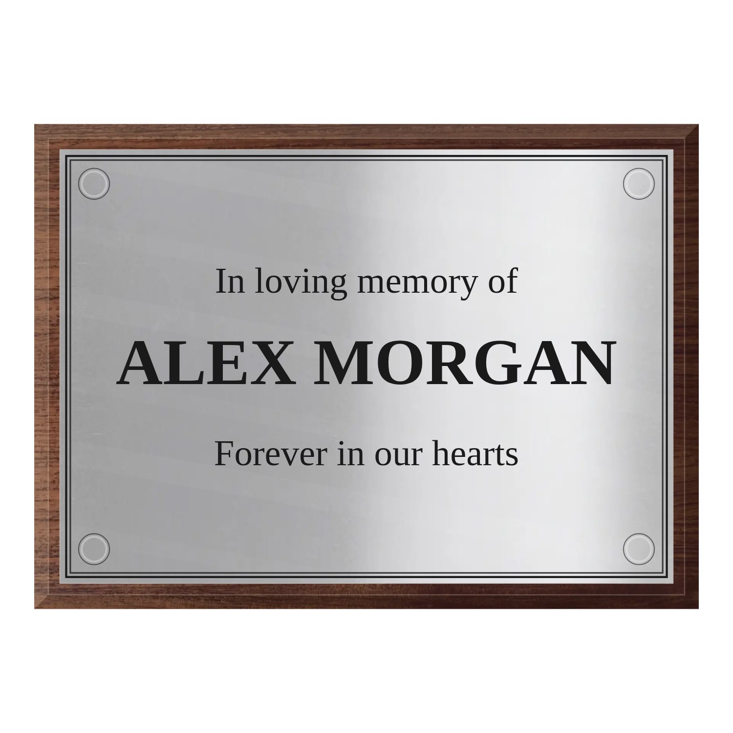 Personalised polished stainless steel plaque 297 × 210 mm with dark wood backing design example