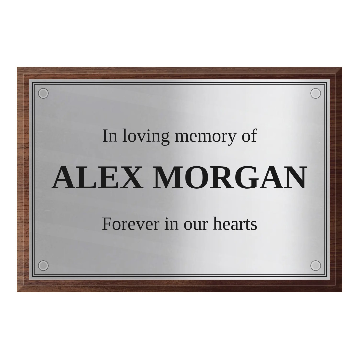 Personalised polished stainless steel plaque 300 × 200 mm with dark wood backing design example