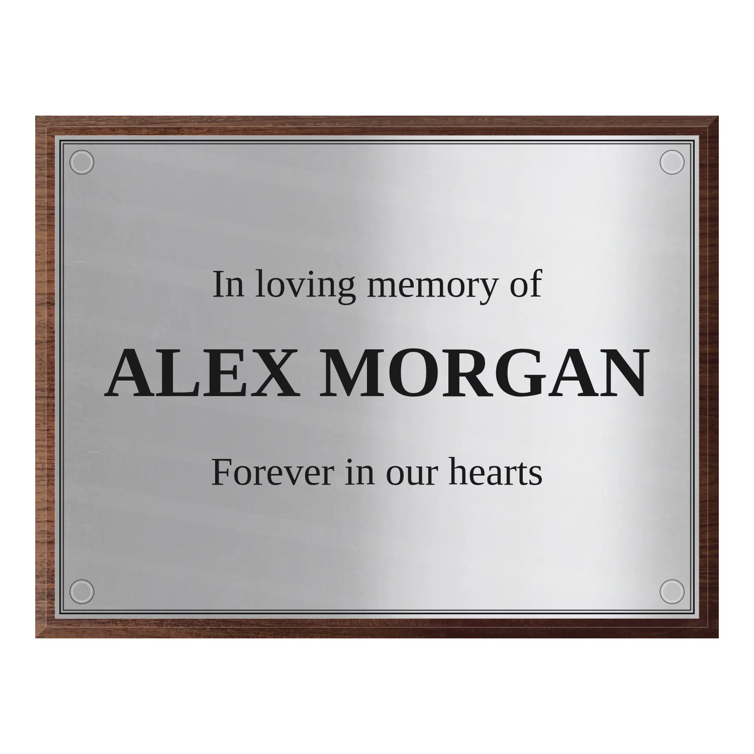 Personalised polished stainless steel plaque 400 × 300 mm with dark wood backing design example