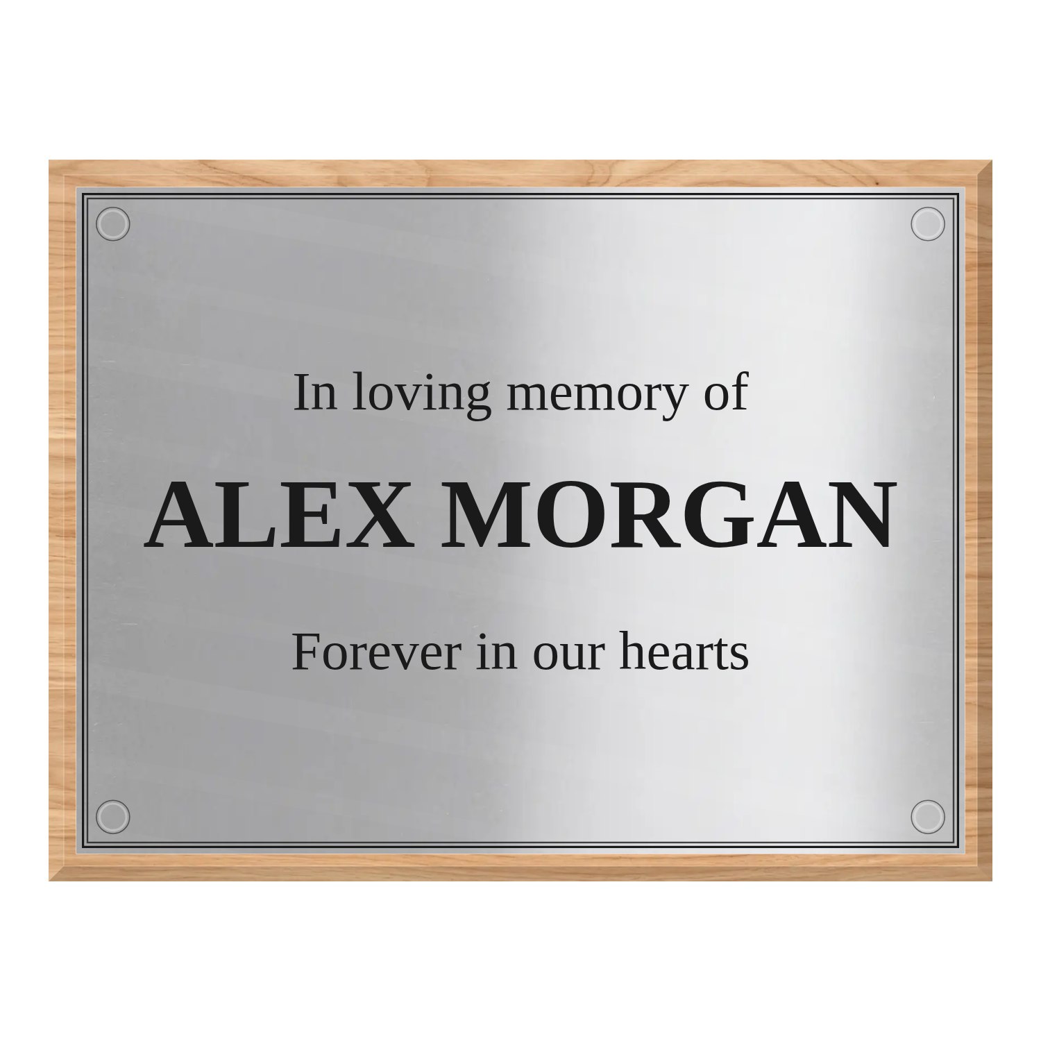 Personalised polished stainless steel plaque 400 × 300 mm with light wood backing design example
