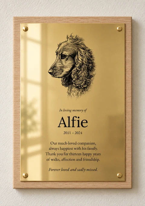 Illustrative spaniel portrait memorial plaque for Alfie in polished brass on light oak