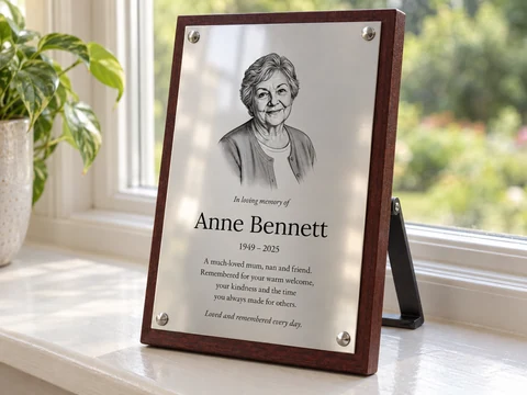 Illustrative memorial portrait plaque for Anne in polished stainless steel on a dark mahogany easel stand