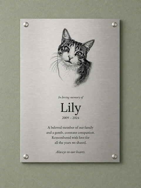 Illustrative portrait of Lily the tabby-and-white cat above a family inscription on brushed stainless steel