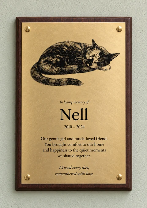 Illustrative full sleeping-cat portrait of Nell on orbital brass with a mahogany board