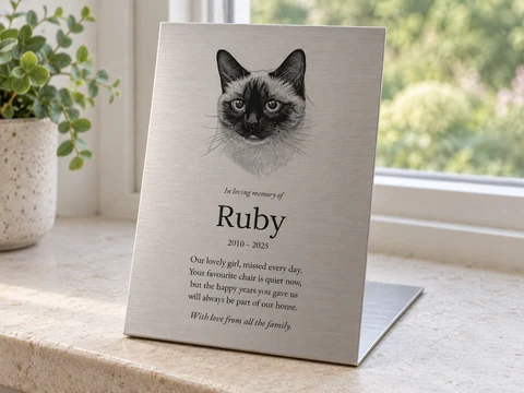 Illustrative freestanding folded stainless steel portrait plaque of Ruby the Siamese cat on a windowsill