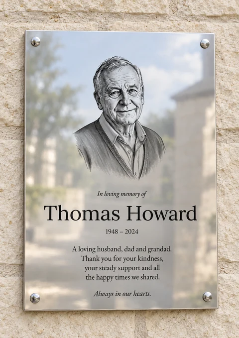 Illustrative family memorial plaque for Thomas with an engraved portrait, in polished stainless steel on stone
