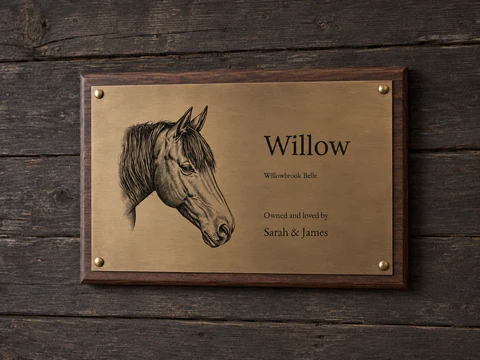Illustrative stable nameplate with an engraved horse head for Willowbrook Belle, in aged brass on dark mahogany