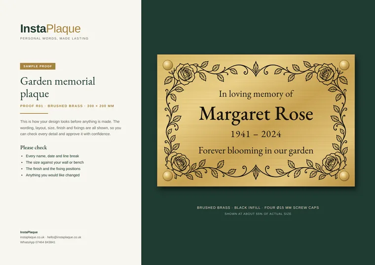 Sample proof cover showing a brushed brass garden memorial plaque with a rose and vine border